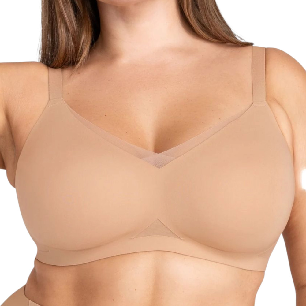 Honeylove Crossover Bra XL Womens Beige Tan Mesh Trim Wireless Nylon Back Hooks